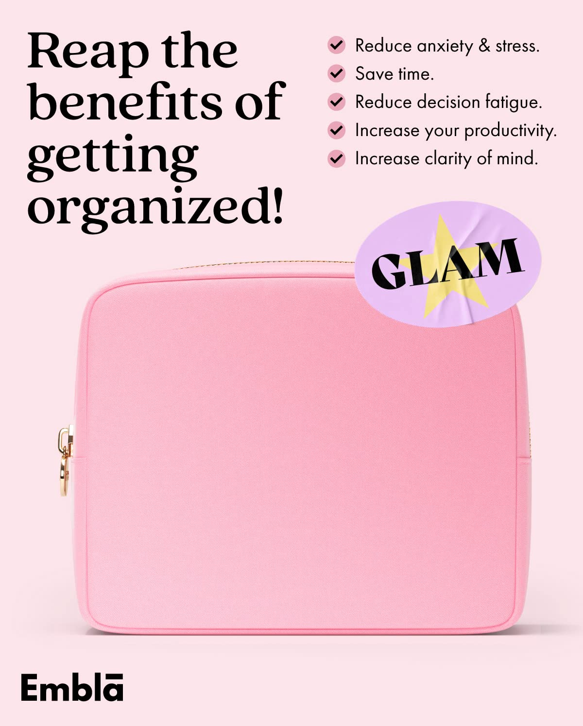Embla Large Makeup Bag with feminine hygiene products