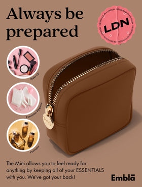 Embla Makeup Bag Chocolate lifestyle scene on a vanity