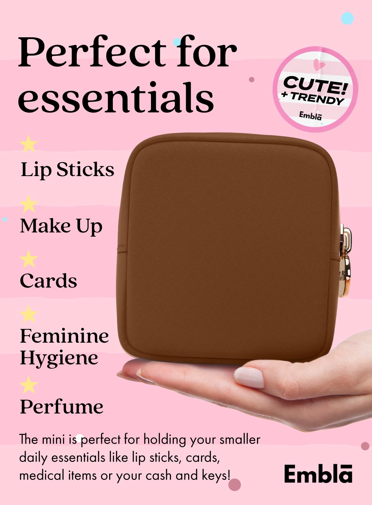 Embla Makeup Bag Chocolate open view with cosmetics inside