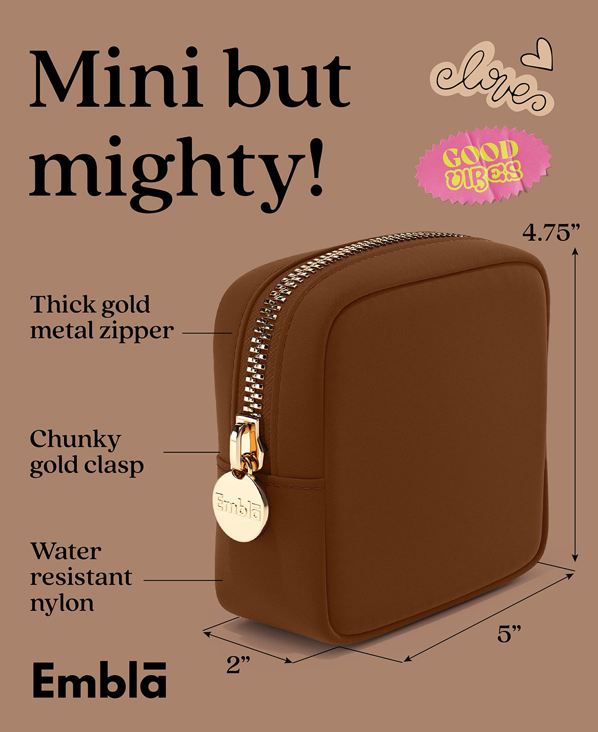 Embla Makeup Bag Chocolate side view showing storage