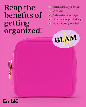 Embla Makeup Bag displayed with other travel accessories