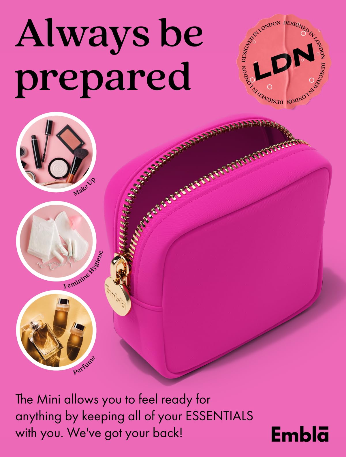 Embla Makeup Bag in a lifestyle setting on a vanity