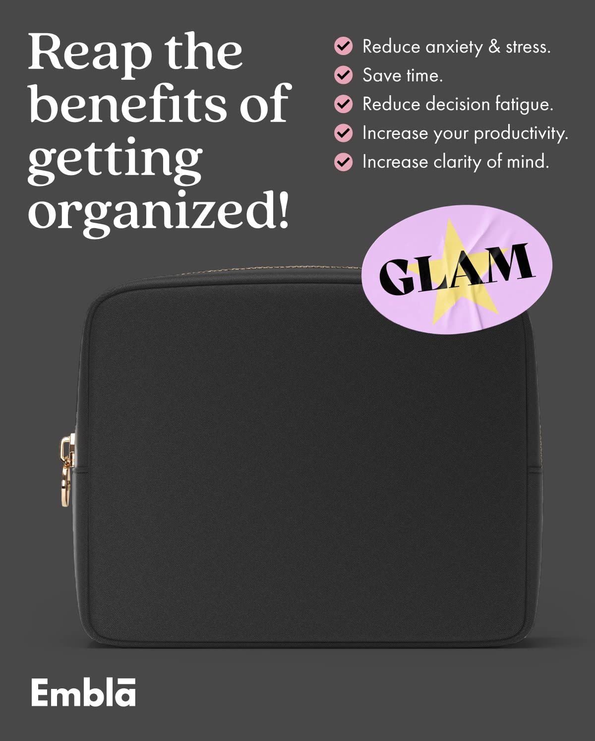 Embla Makeup Bag in use as a clutch handbag