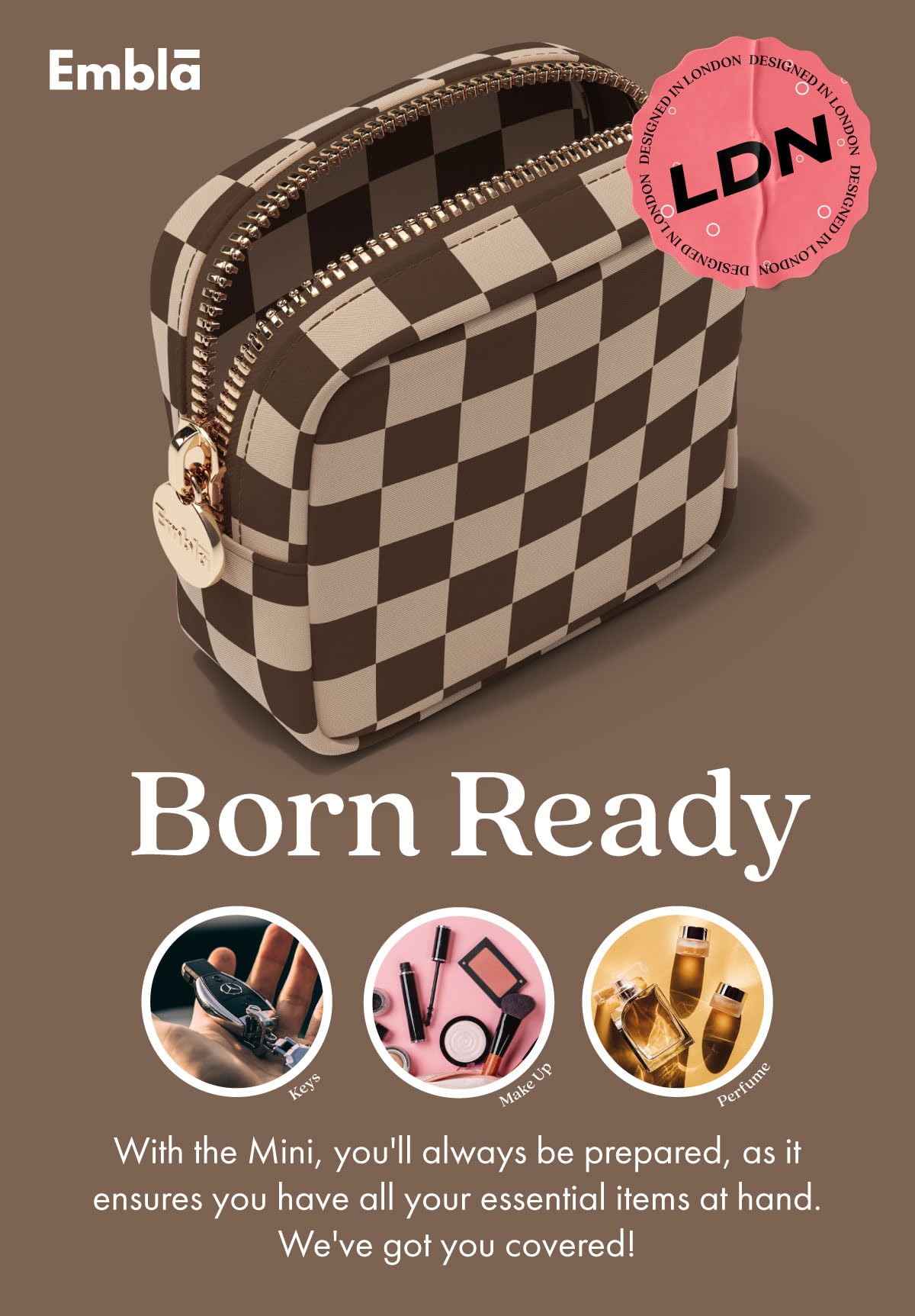 Embla Makeup Bag opened with cosmetics inside