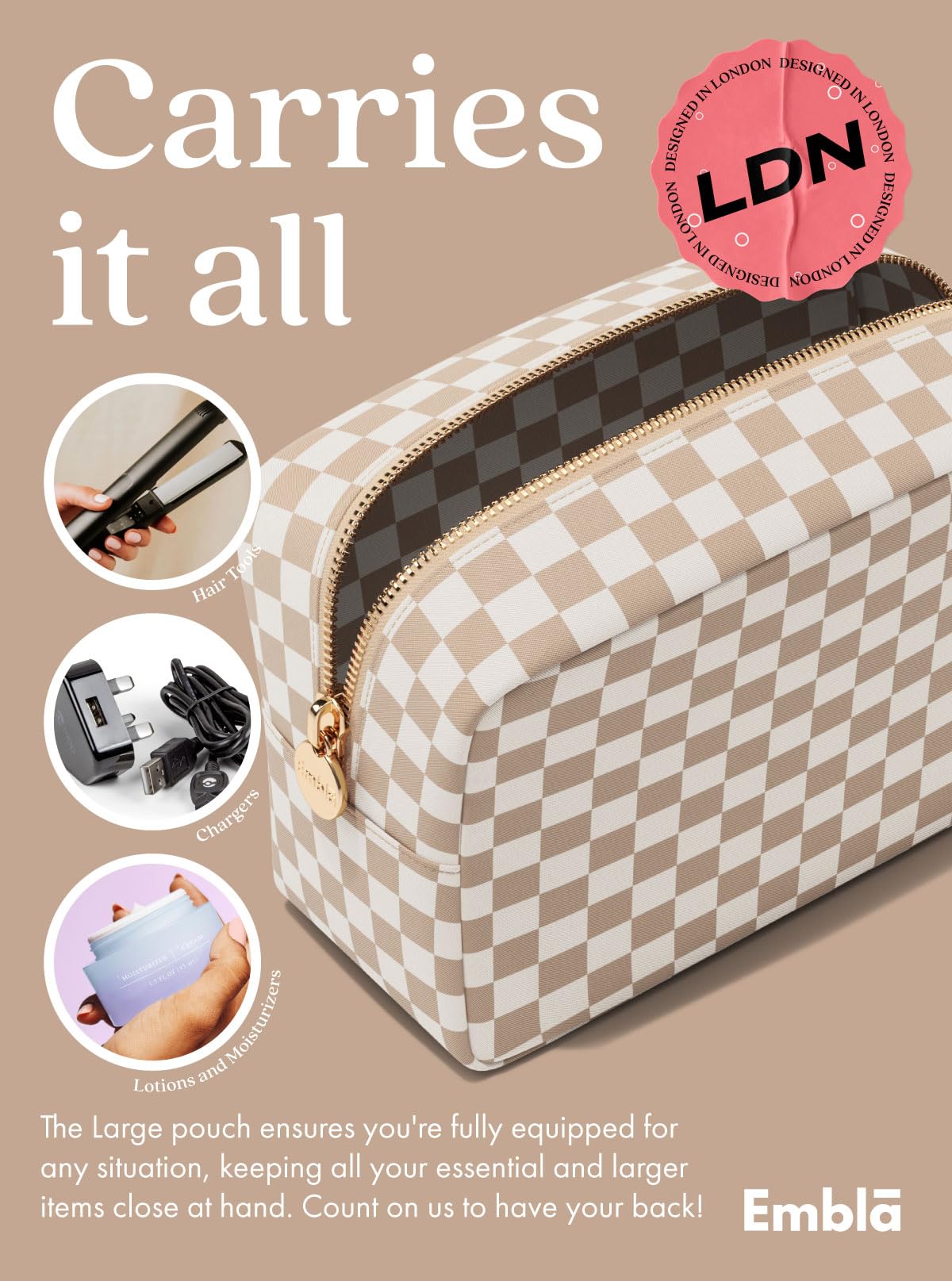 Embla Makeup Bag side view with chunky zipper