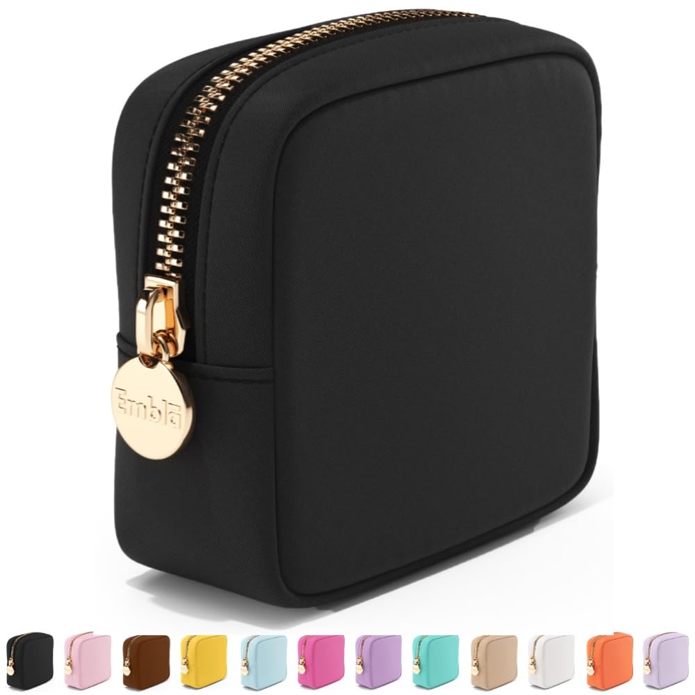 Embla Small Makeup Bag in black front view with smooth zipper