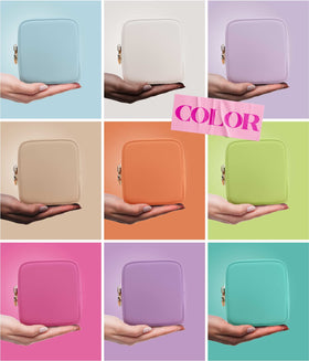 Embla Small Makeup Bag with cosmetics inside