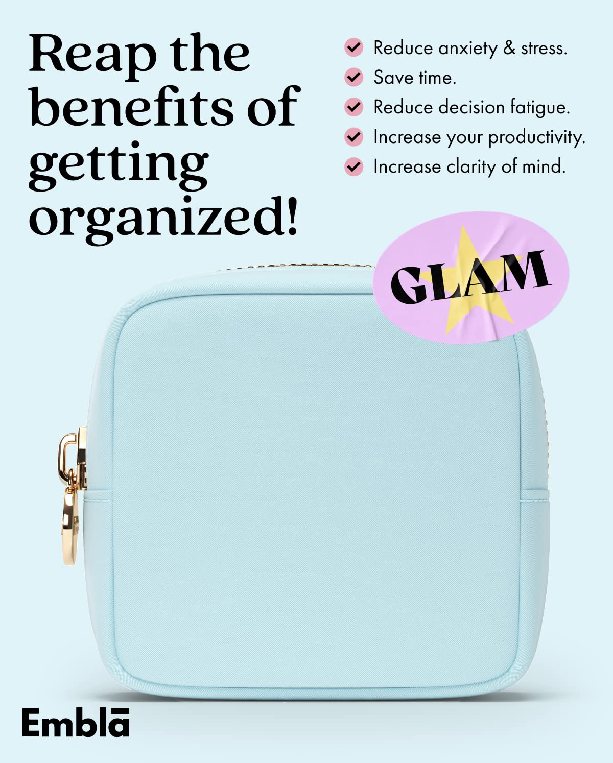 Embla Small Makeup Bag with feminine hygiene products