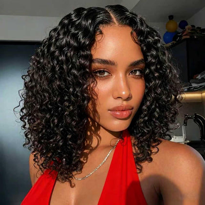 EMOBANA Curly Bob Wig front view in natural black