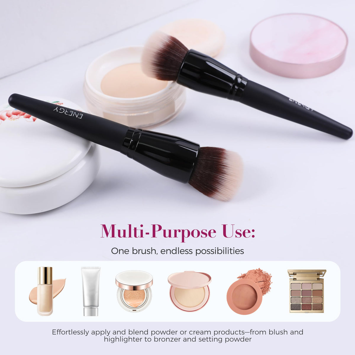 ENERGY Stippling Brush in a makeup setup with products