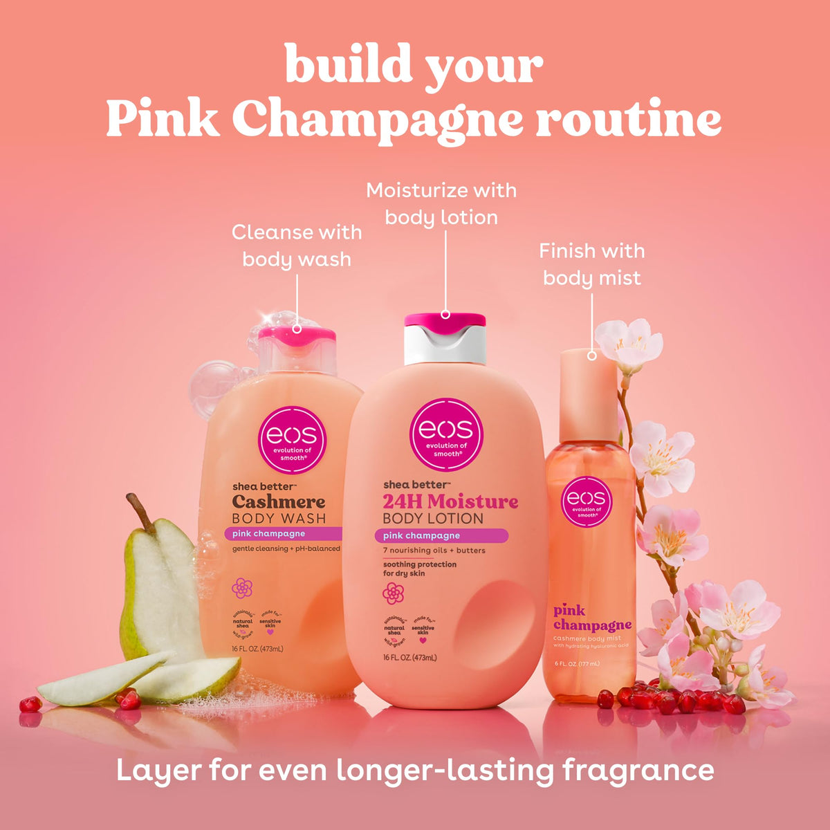 eos Cashmere Body Mist Pink Champagne with flowers