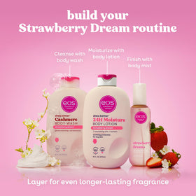eos Cashmere Body Mist Strawberry Dream with floral background