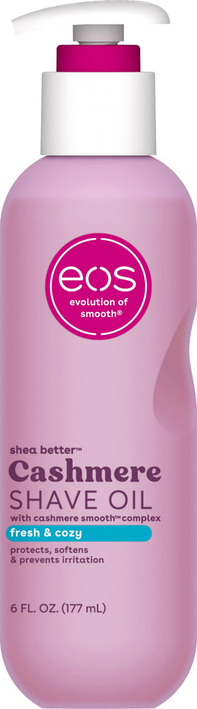 eos Cashmere Shave Oil 6 oz front view with fresh & cozy packaging