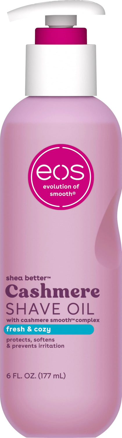eos Cashmere Shave Oil 6 oz front view with fresh & cozy packaging