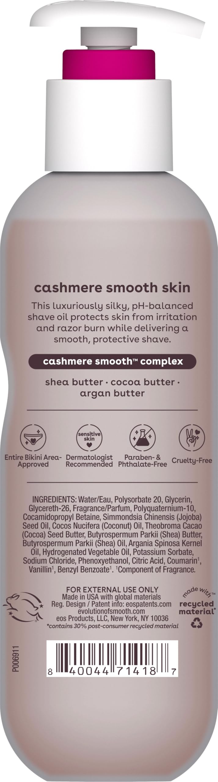 eos Cashmere Shave Oil Coconut Waters 6 oz packaging details
