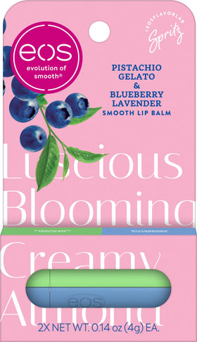 eos Limited Edition Lip Balm Duo packaging featuring Blueberry Lavender and Pistachio Gelato