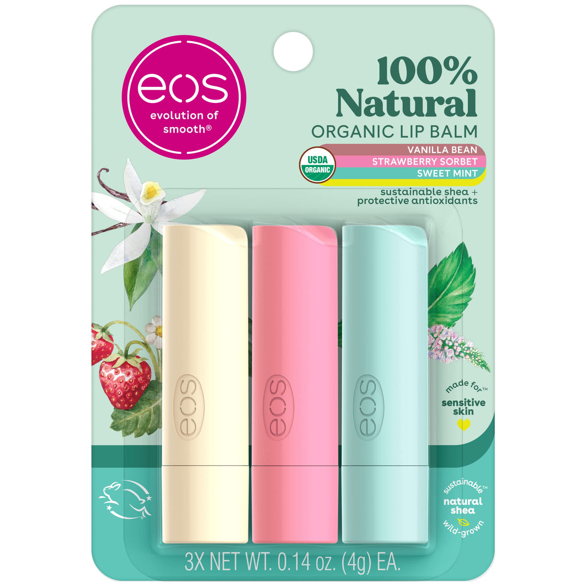 eos Lip Balm Trio packaging front view with three flavours