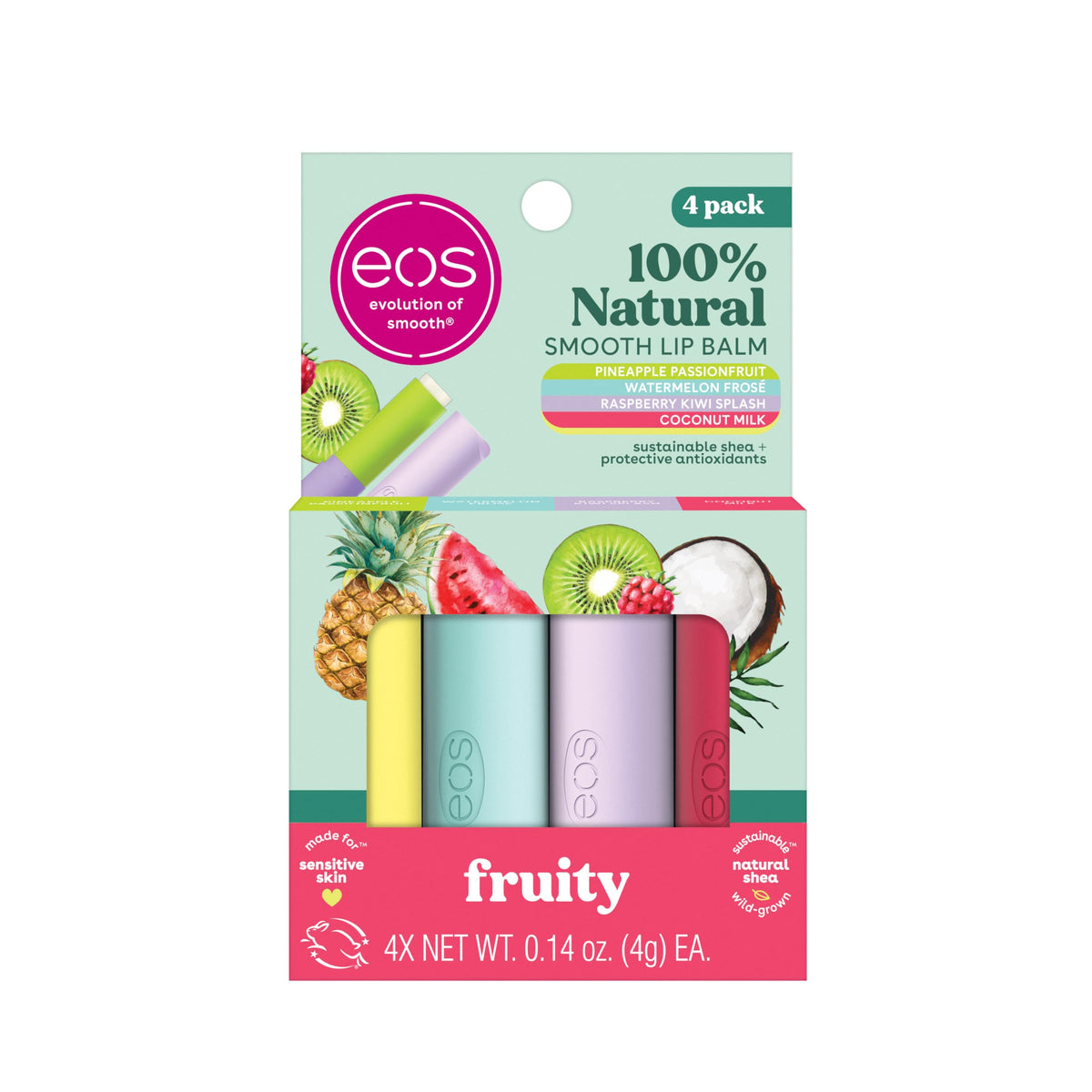 eos Natural Lip Balm Pack featuring Coconut Milk, Pineapple Passionfruit, Watermelon Frosé, Raspberry Kiwi Splash