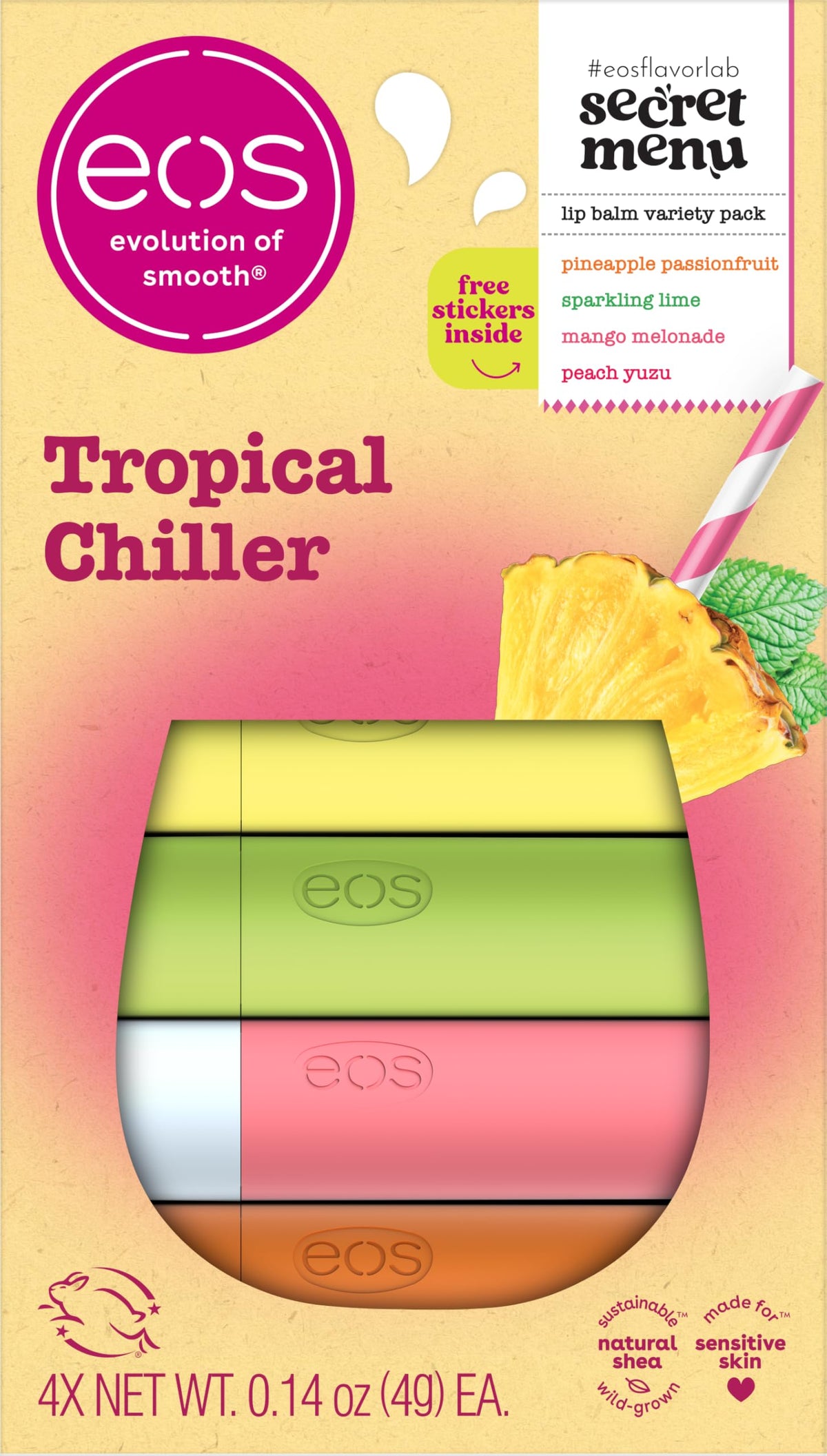 eos Tropical Chiller Lip Balm Gift Set front view with all four flavours