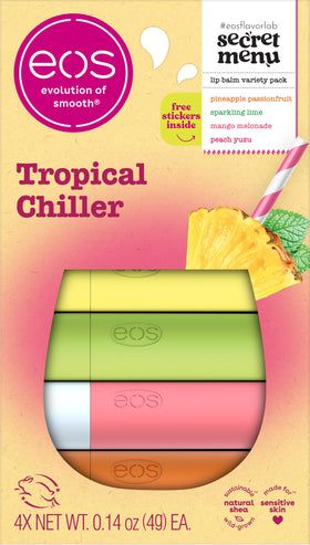 eos Tropical Chiller Lip Balm Gift Set front view with all four flavours