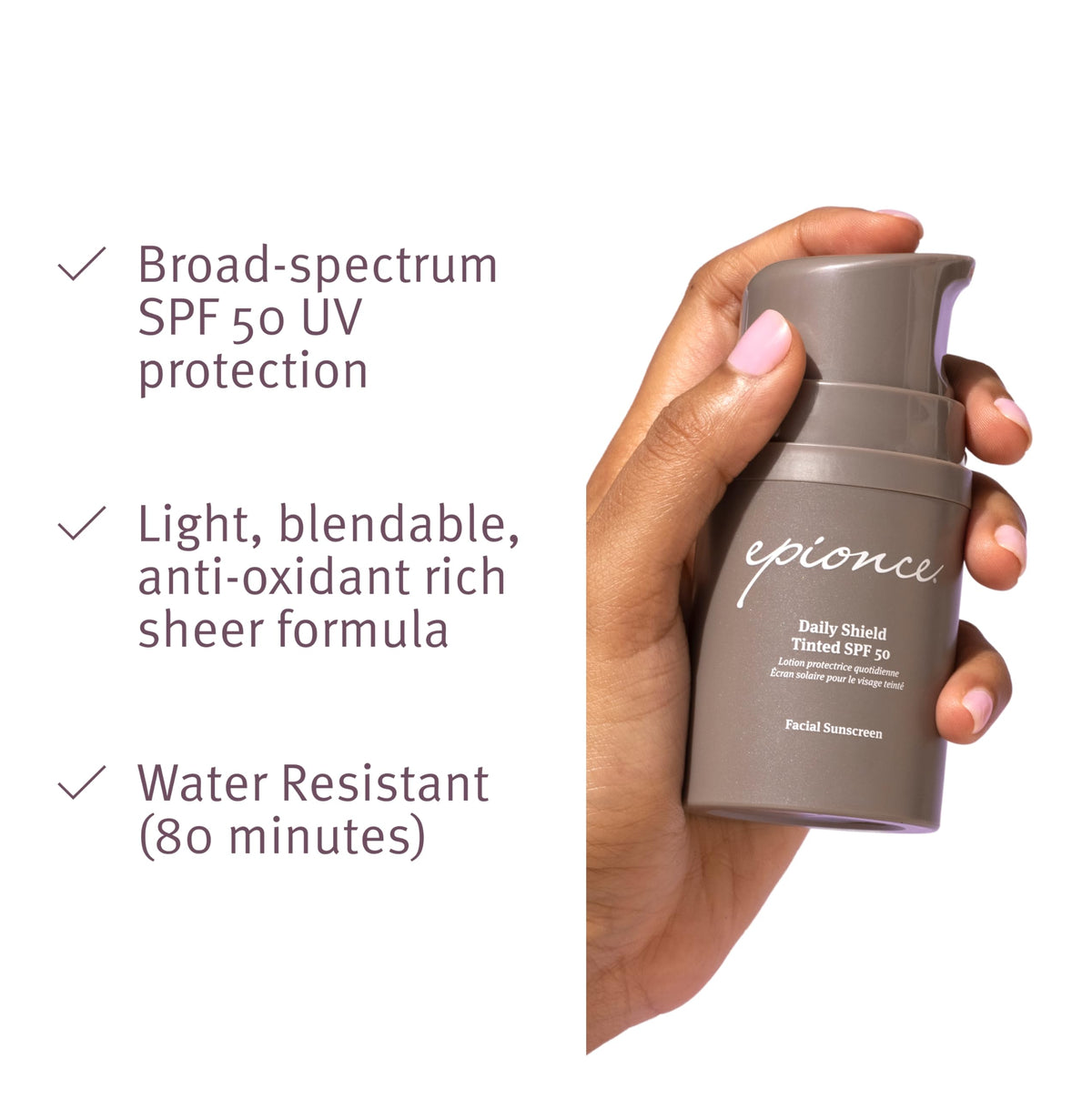 Epionce Daily Shield Tinted SPF 50 application on skin