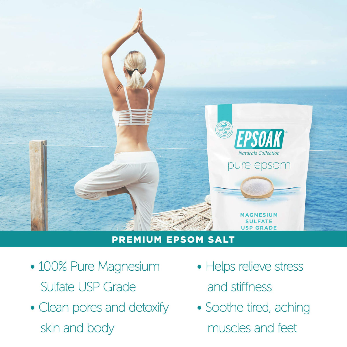 Epsoak Epsom Salt 12 lb unscented magnesium sulfate packaging
