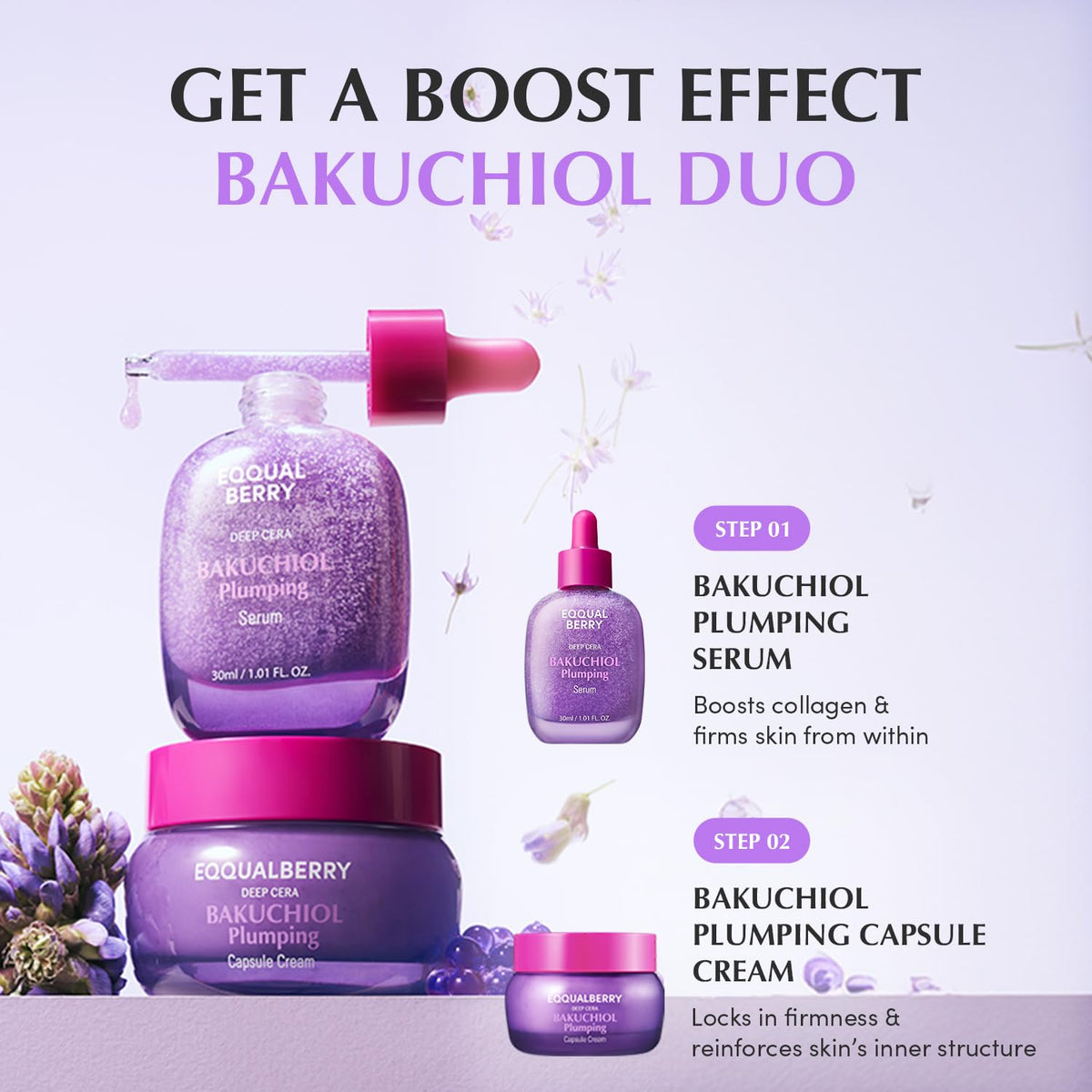 EQQUALBERRY Bakuchiol Plumping Face Serum 30ml bottle on a vanity