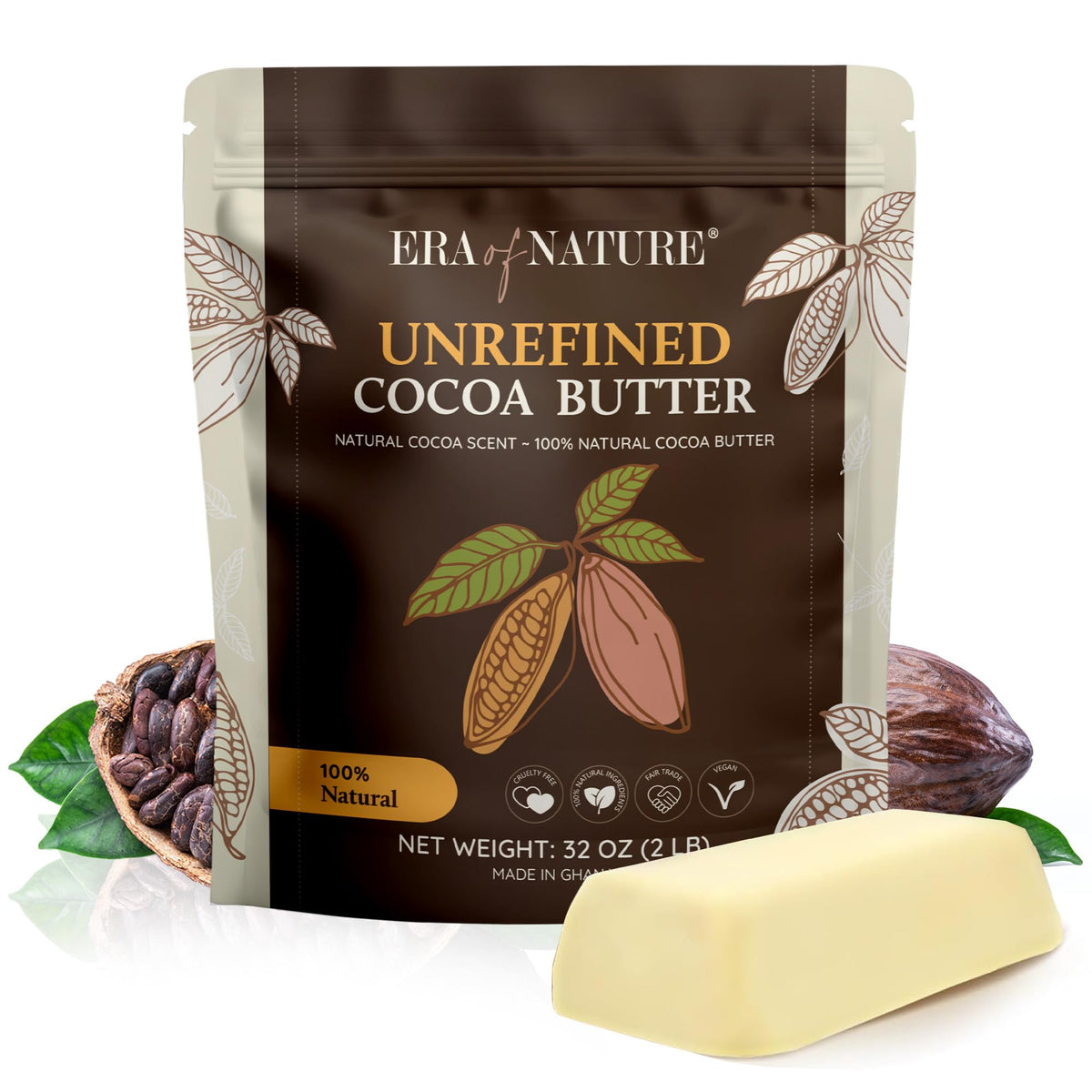 Era of Nature Cocoa Butter Raw front view in resealable pouch