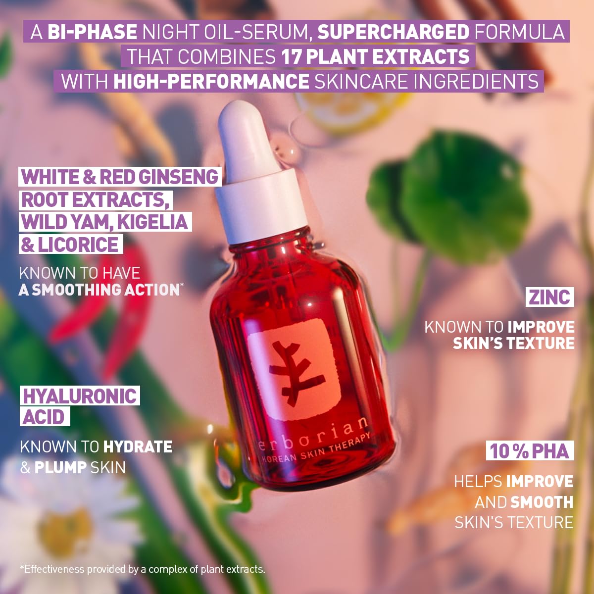 Erborian Skin Therapy Multi-Perfecting Bi-Phase Night Oil-Serum with ingredients displayed