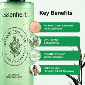 ESSENHERB Tea Tree 90 Clear Body Mist back view with ingredient list