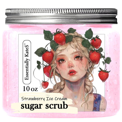 Essentially KateS Strawberry Ice Cream Body Scrub front view with packaging