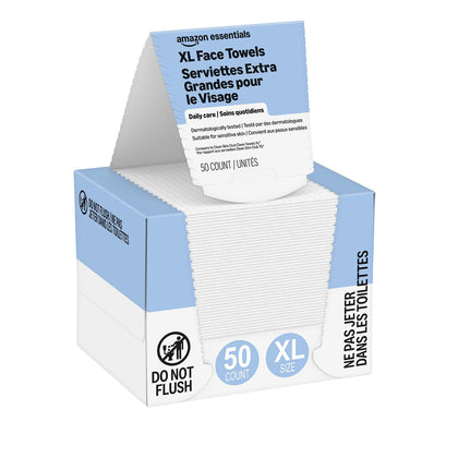 Essentials XL Dry Face Towels pack front view with 50 count