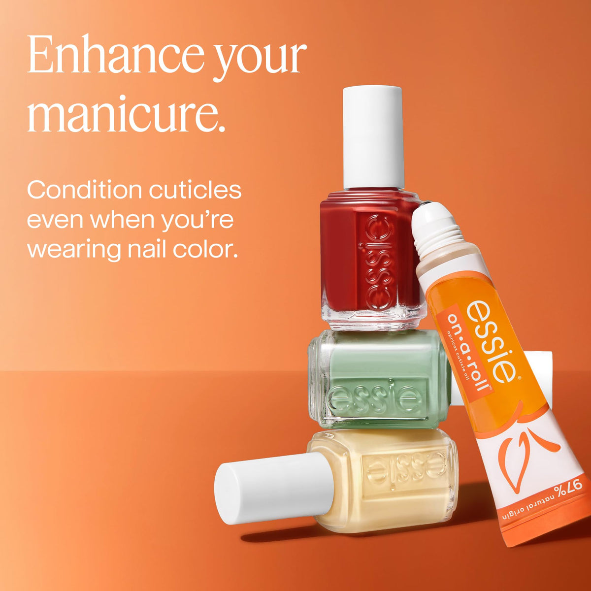 essie Apricot Cuticle Oil displayed with essie nail polish