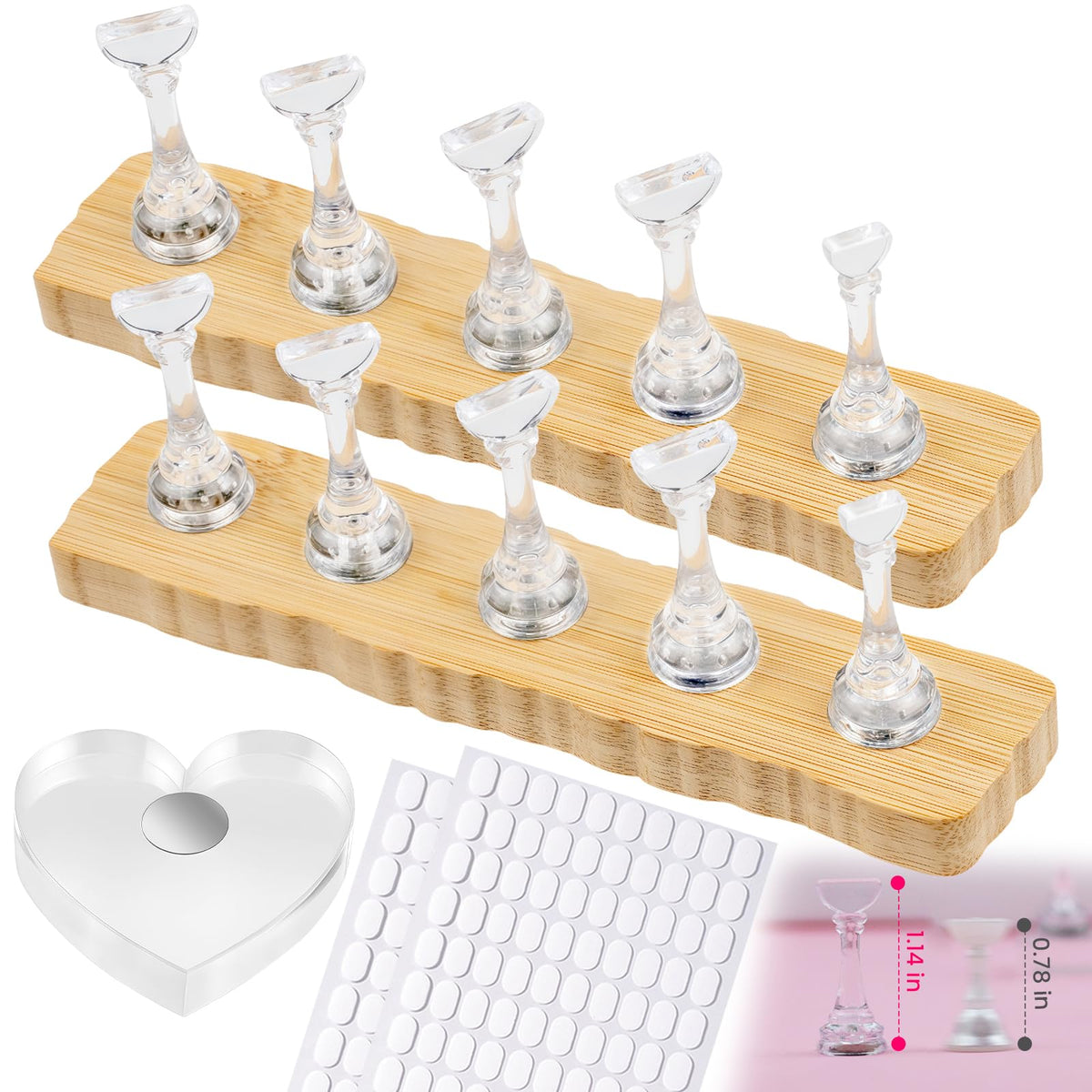 ESUOHYM Nail Stand Set with wooden bases and heart nail holder