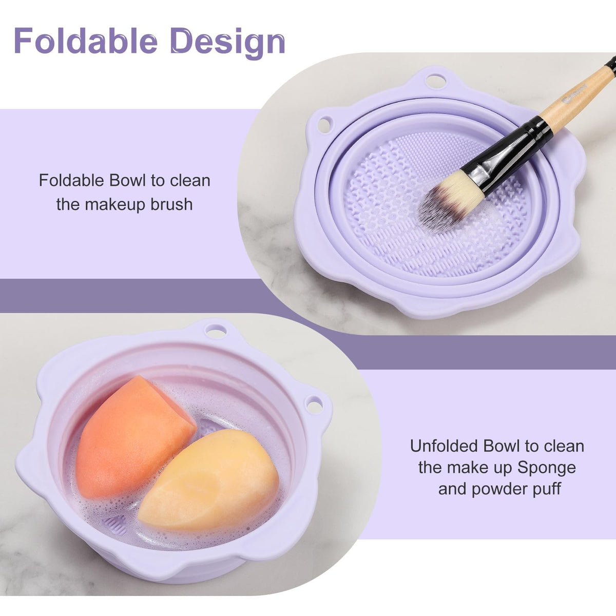 Etercycle Foldable Silicone Makeup Brush Cleaner Bowl with cleaning scrubber