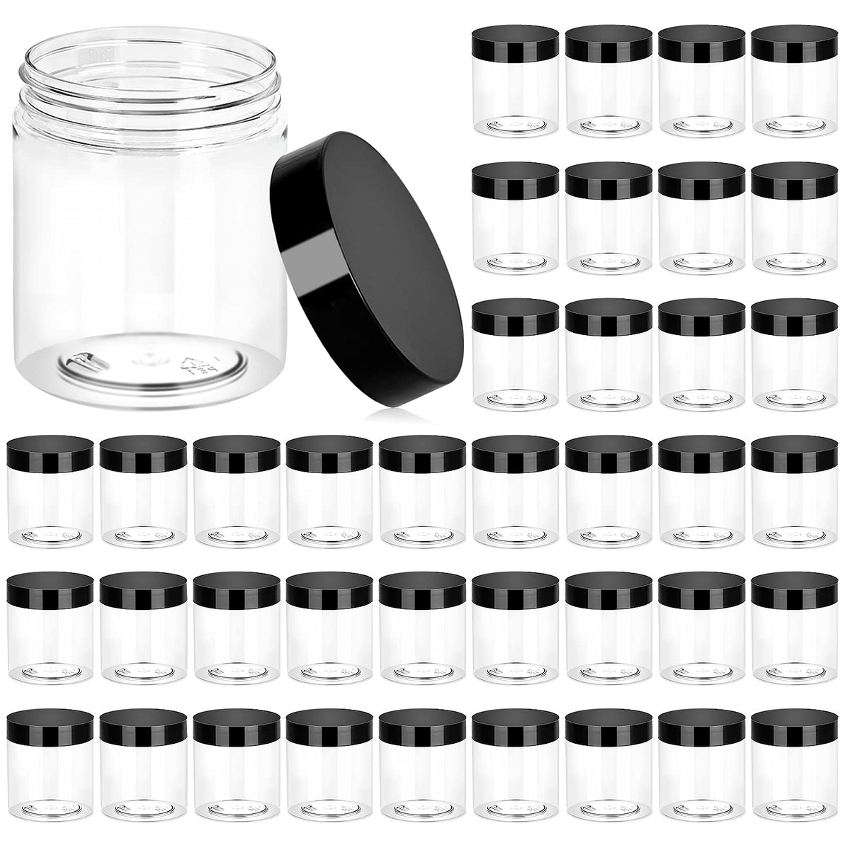 Eternal Moment 36 pack 8 oz plastic jars with black lids front view