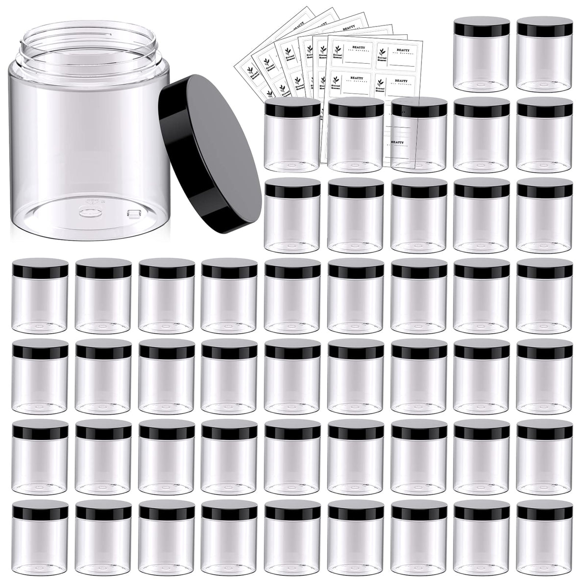 Eternal Moment 48 Pack 8oz Plastic Jars with black lids front view