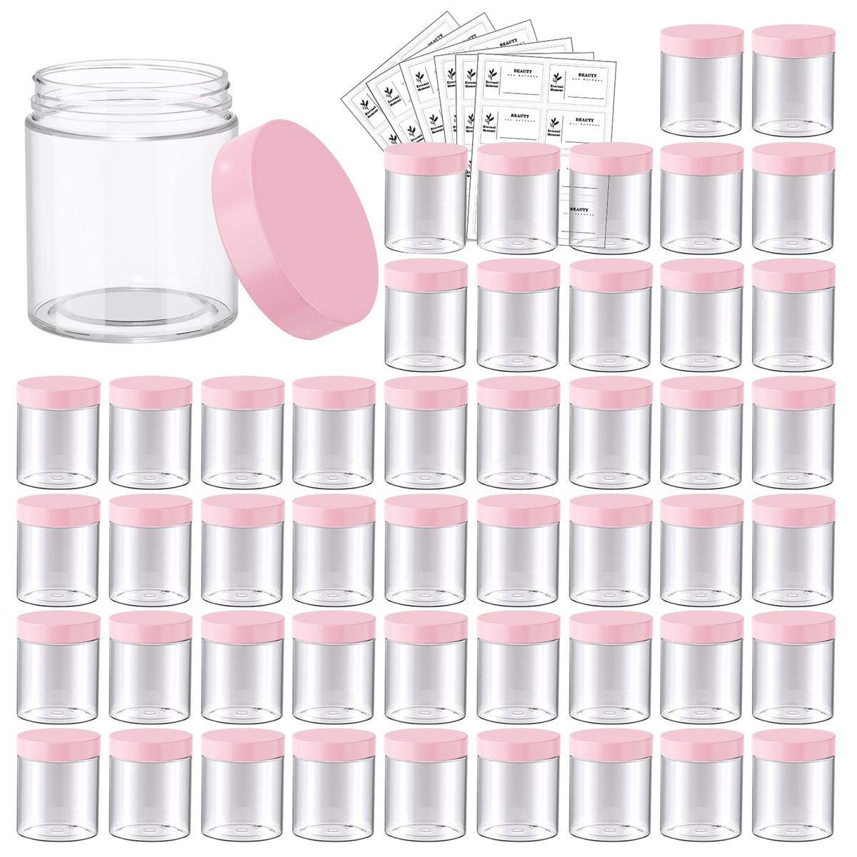 Eternal Moment 48 Pack 8oz plastic jars with pink lids front view