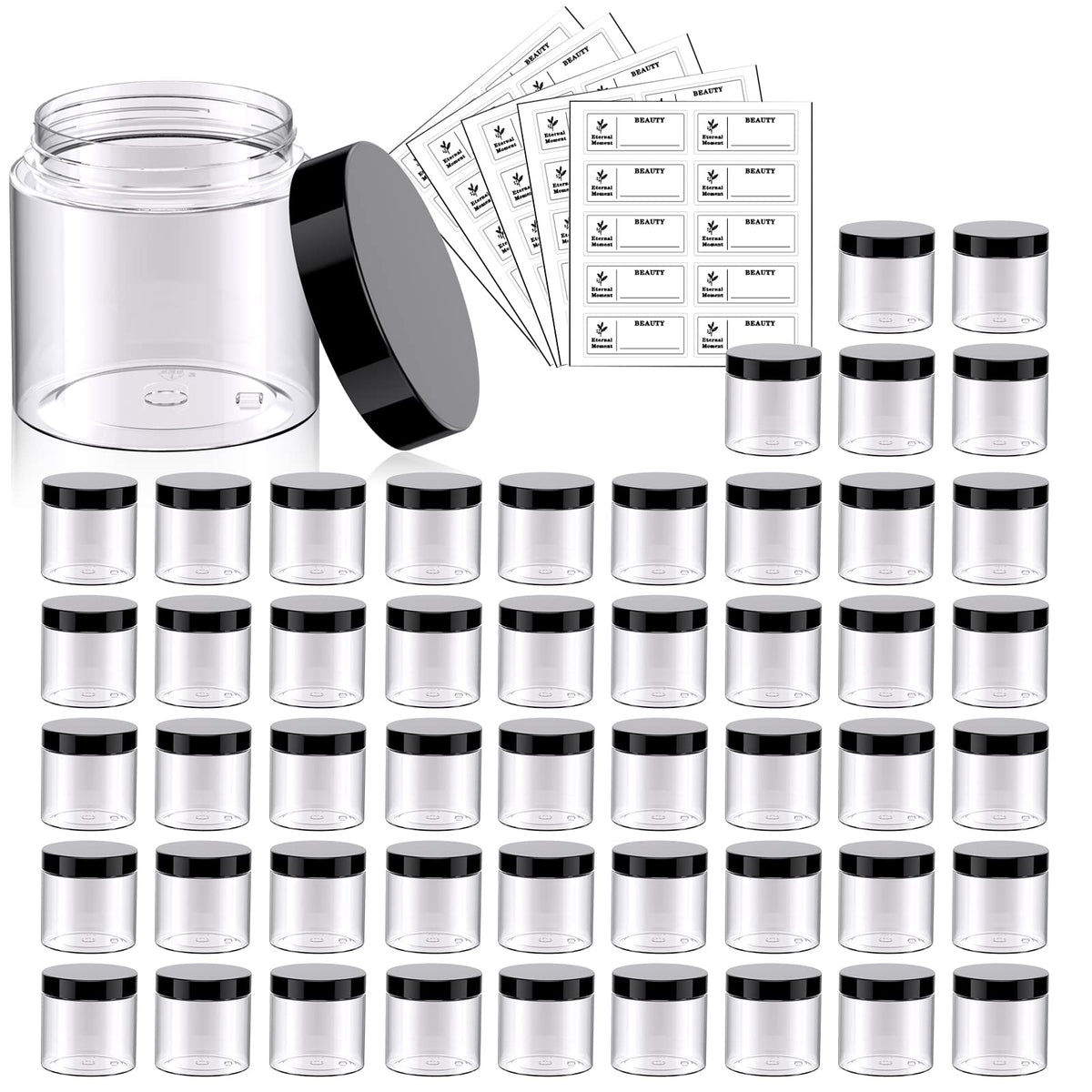 Eternal Moment 50 pack 2 oz plastic jars with black lids and labels