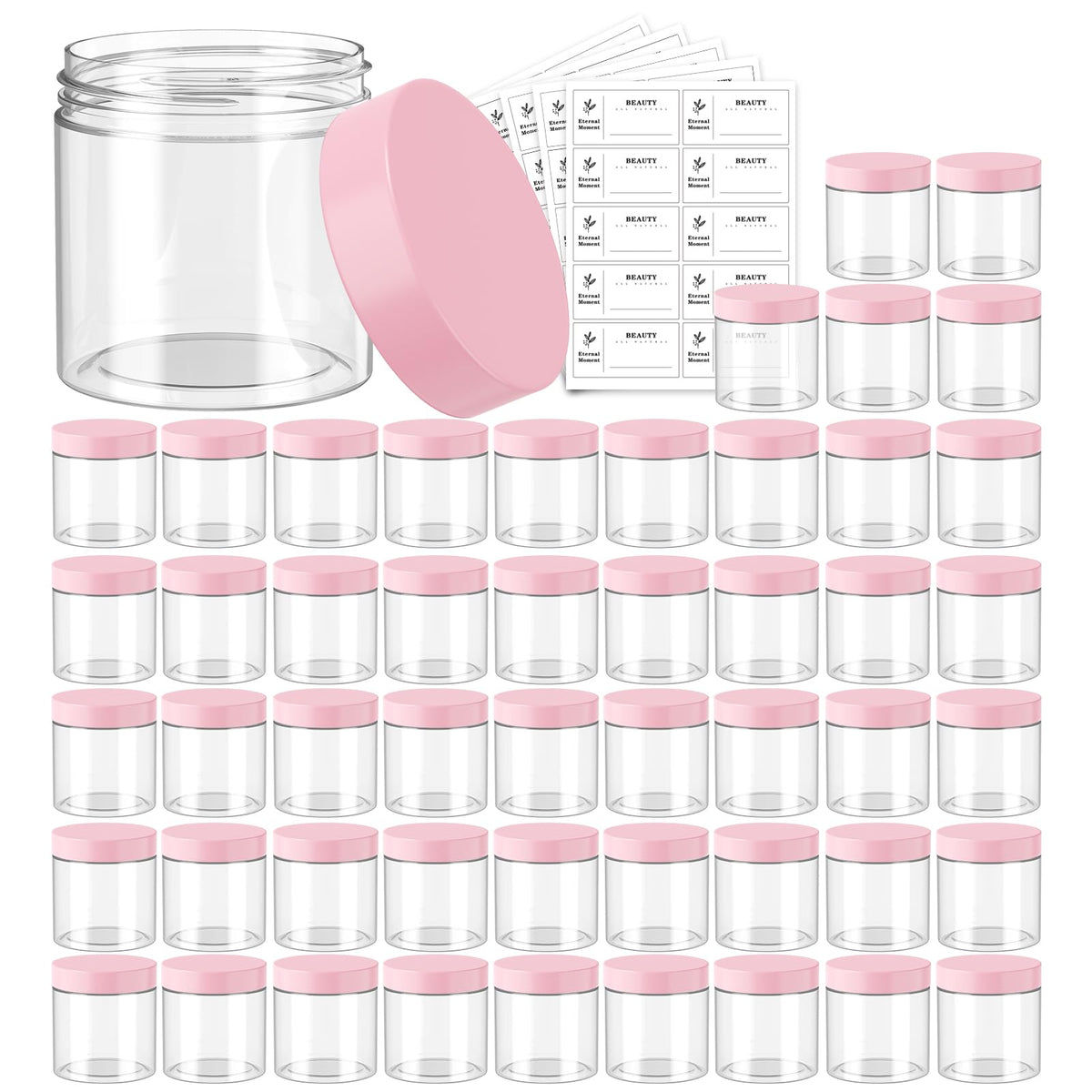 Eternal Moment 50 pack clear plastic jars with pink lids