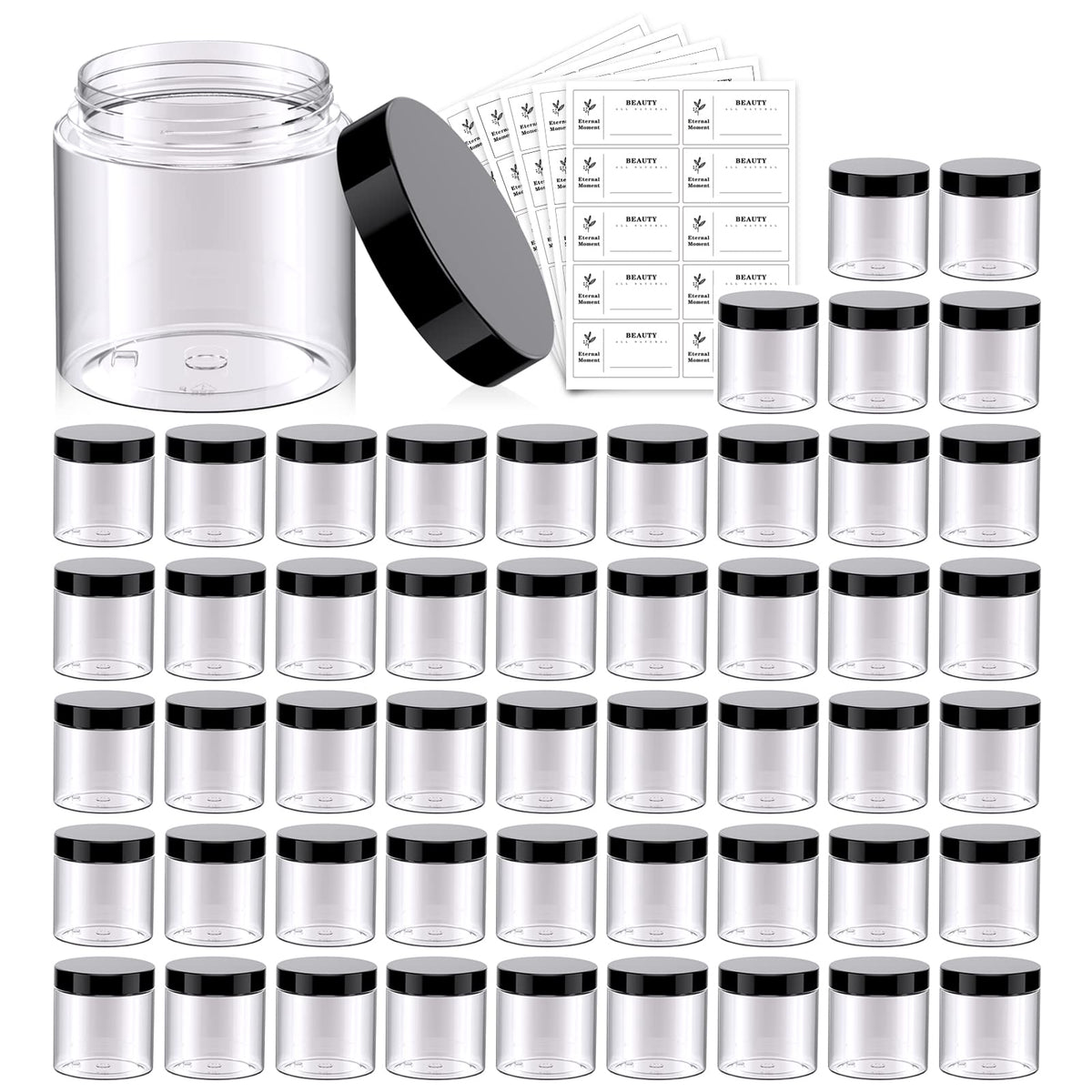 Eternal Moment 50 pack of clear 4oz plastic jars with black lids