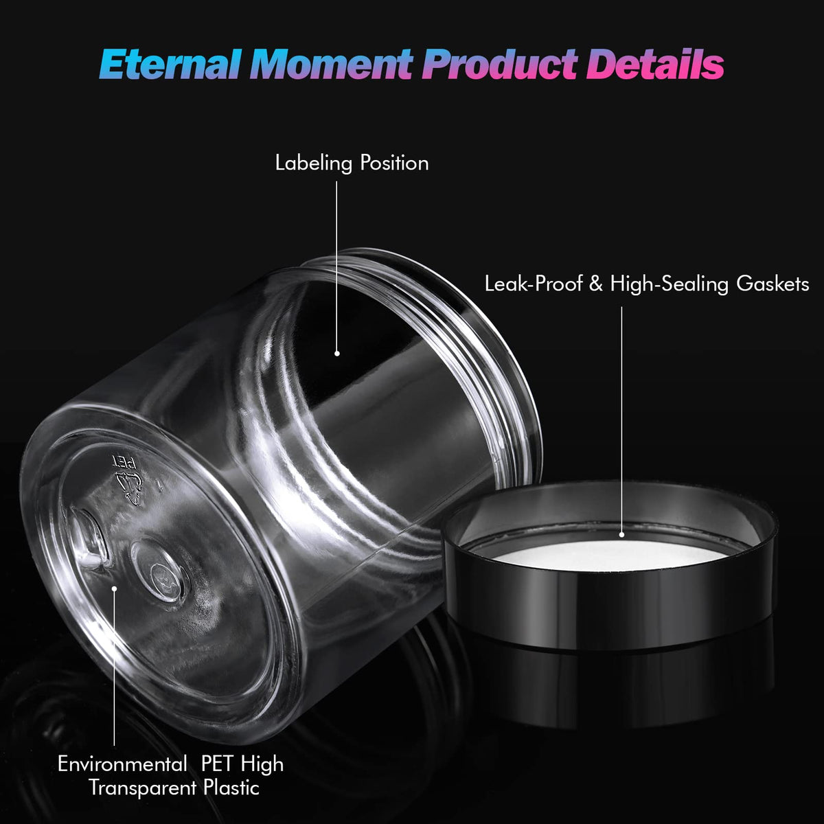 Eternal Moment plastic jars displayed with labels and spatulas