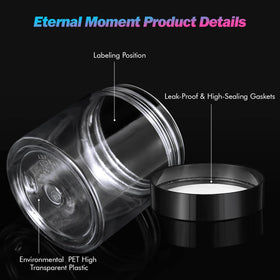 Eternal Moment plastic jars displayed with labels and spatulas