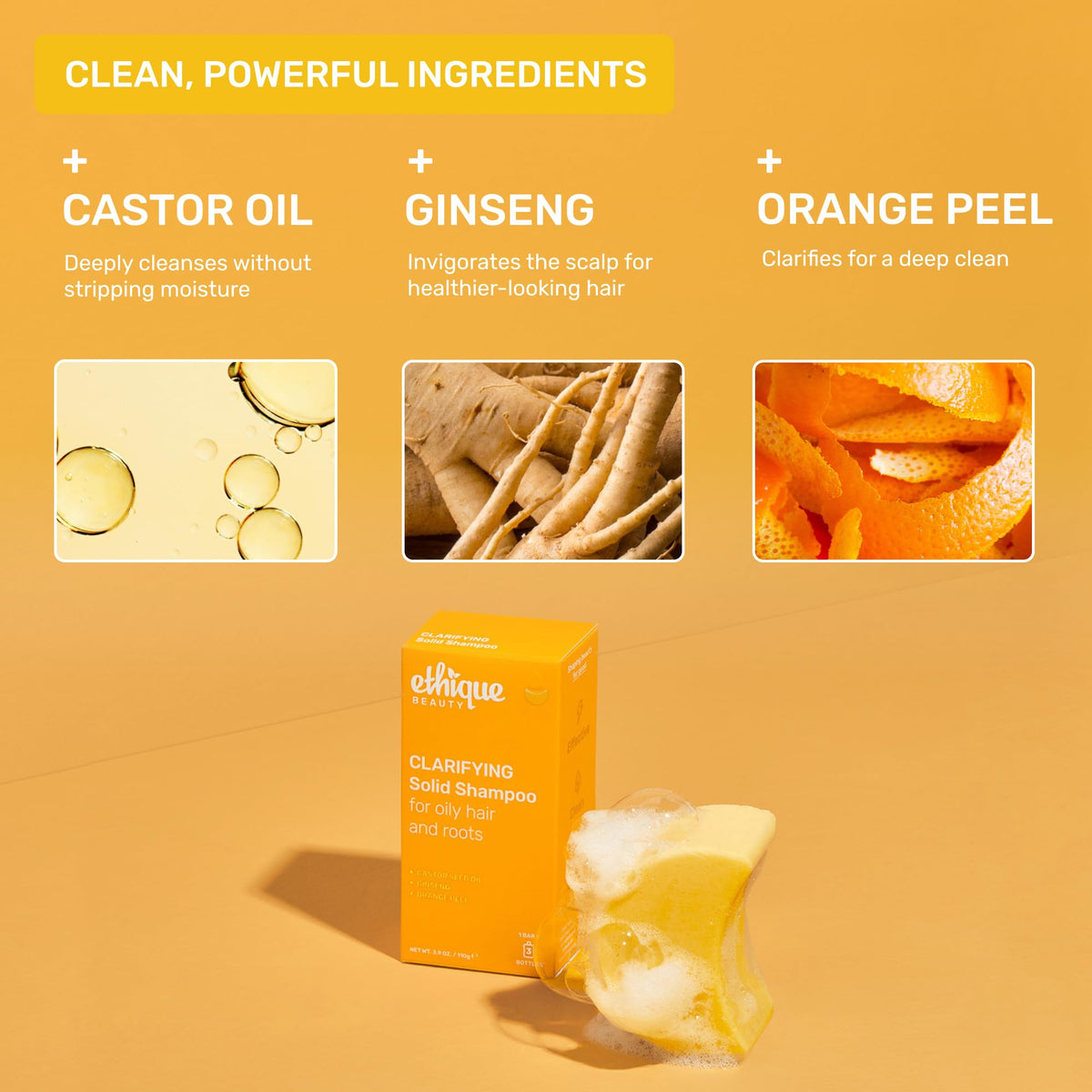 Ethique Clarifying Shampoo Bar close-up with castor oil