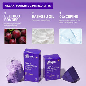Ethique Purple Shampoo Bar with ingredients displayed