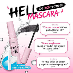 ETUDE Curl Fix Mascara Black 1+1 Set showing the catch bending square brush