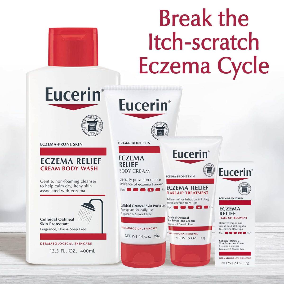 Eucerin Eczema Relief Body Cream next to other skincare products