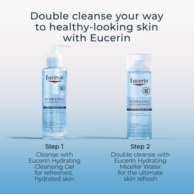 Eucerin Hydrating Micellar Water being applied to a cotton pad