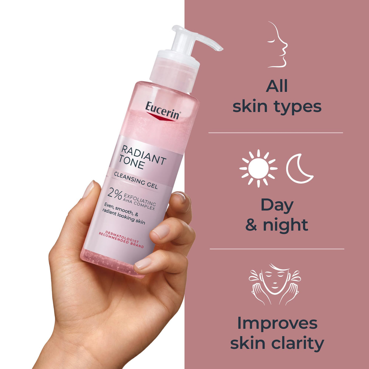 Eucerin Radiant Tone Cleansing Gel 2% AHA on a bathroom counter