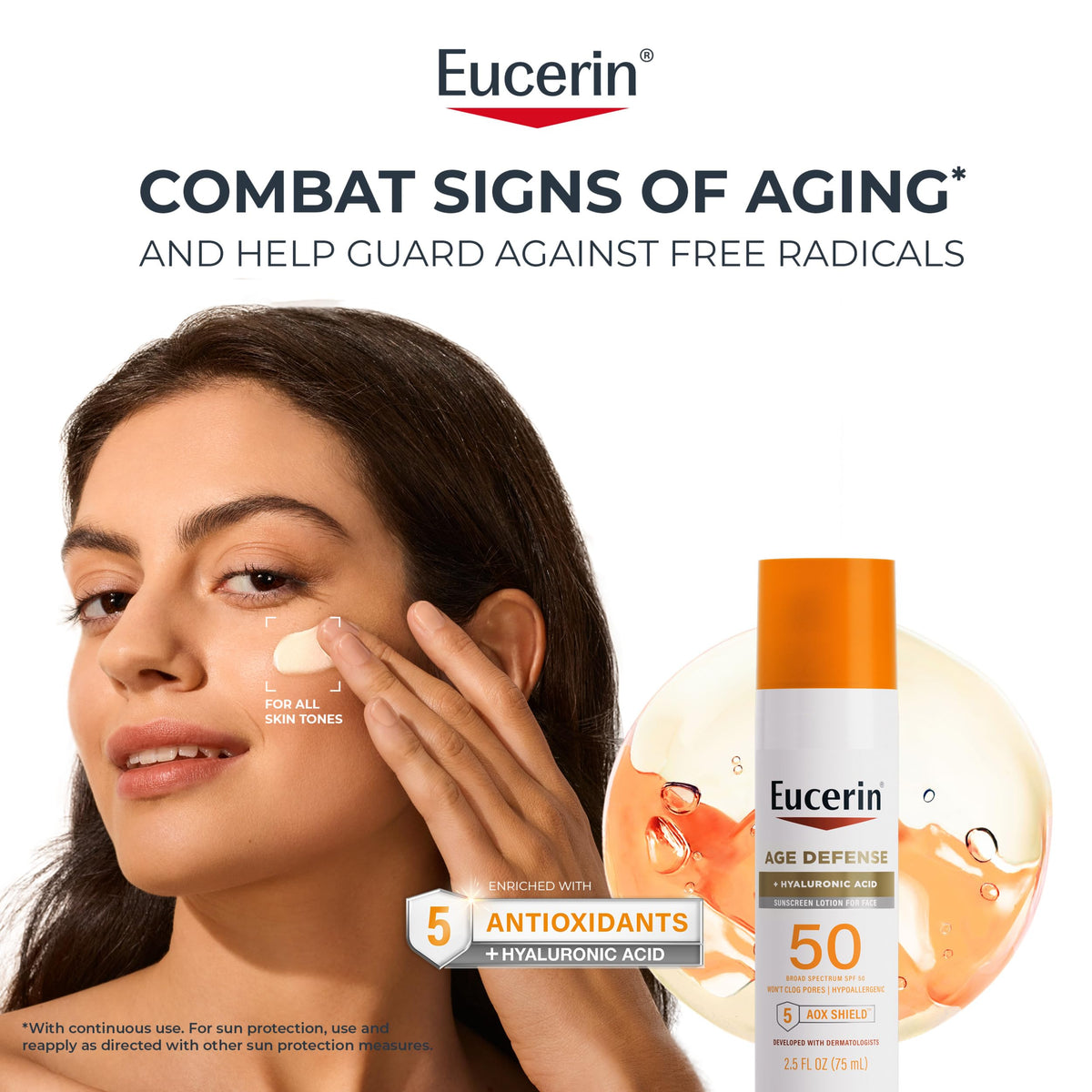 Eucerin Sun Age Defense Face Sunscreen Lotion SPF 50 bottle with pump dispenser